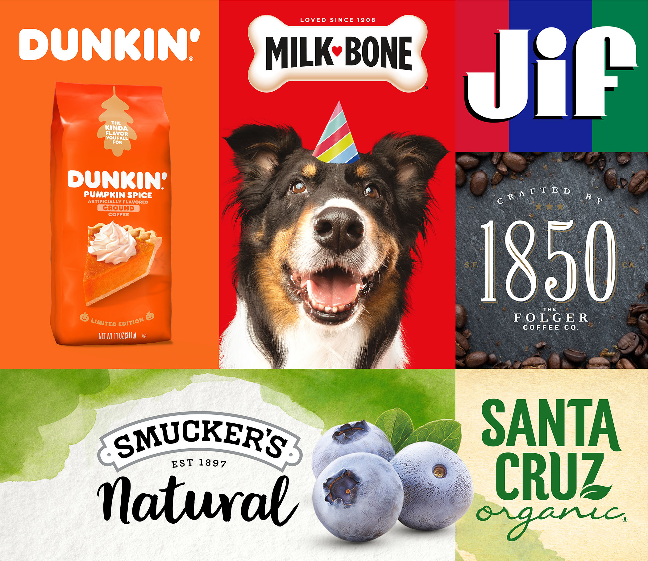 Dunkin', Folgers 1850, Jif, Santa Cruz, True Roots, and Milk Bone logos