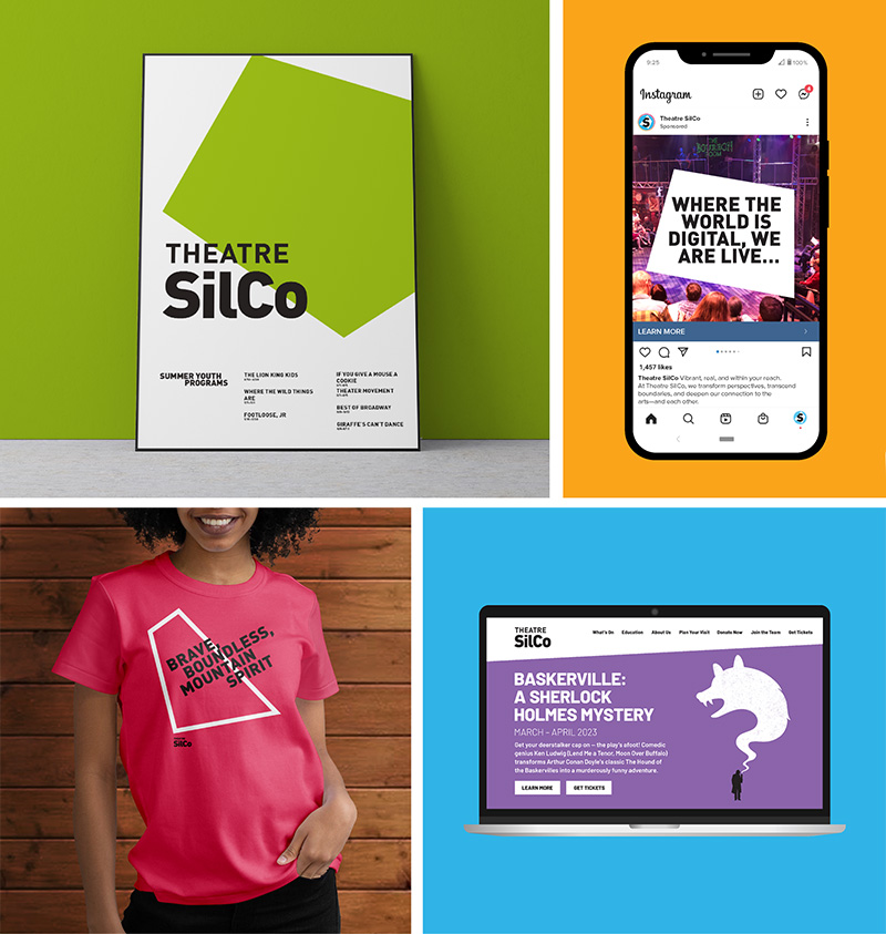 Showcasing SilCo Theatre's new logo on signs, shirts, Instagram, website